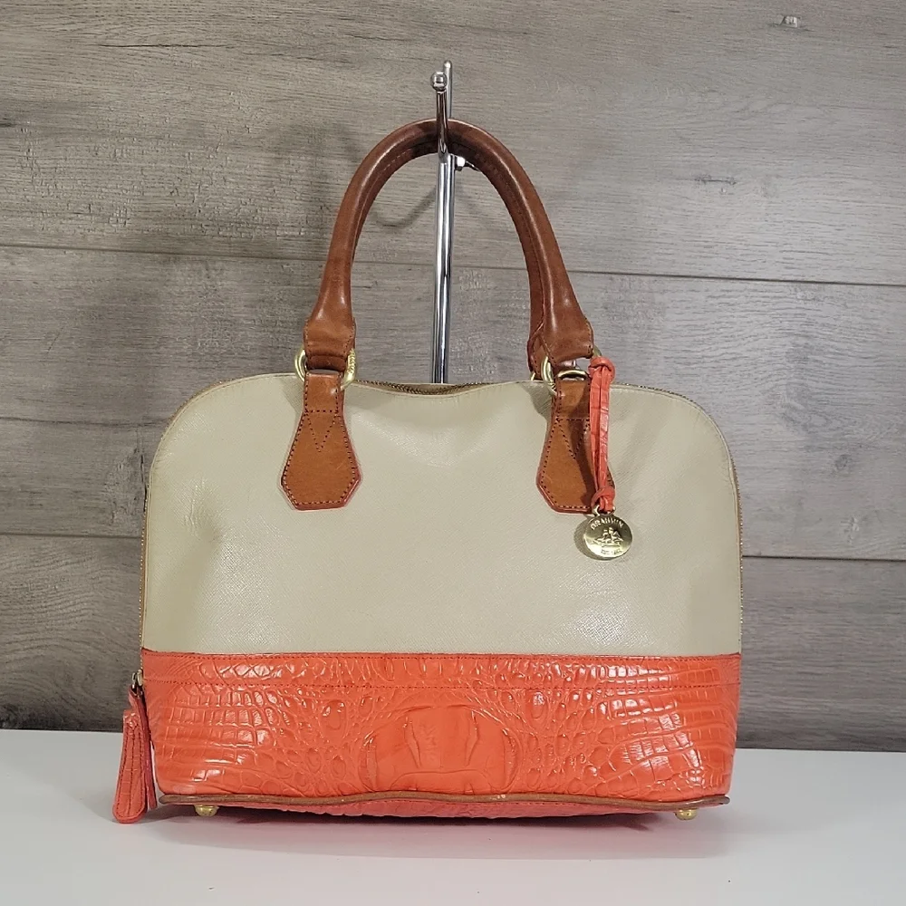 Brahmin Cream/Orange Croc Embossed Leather Dome Satchel Bag